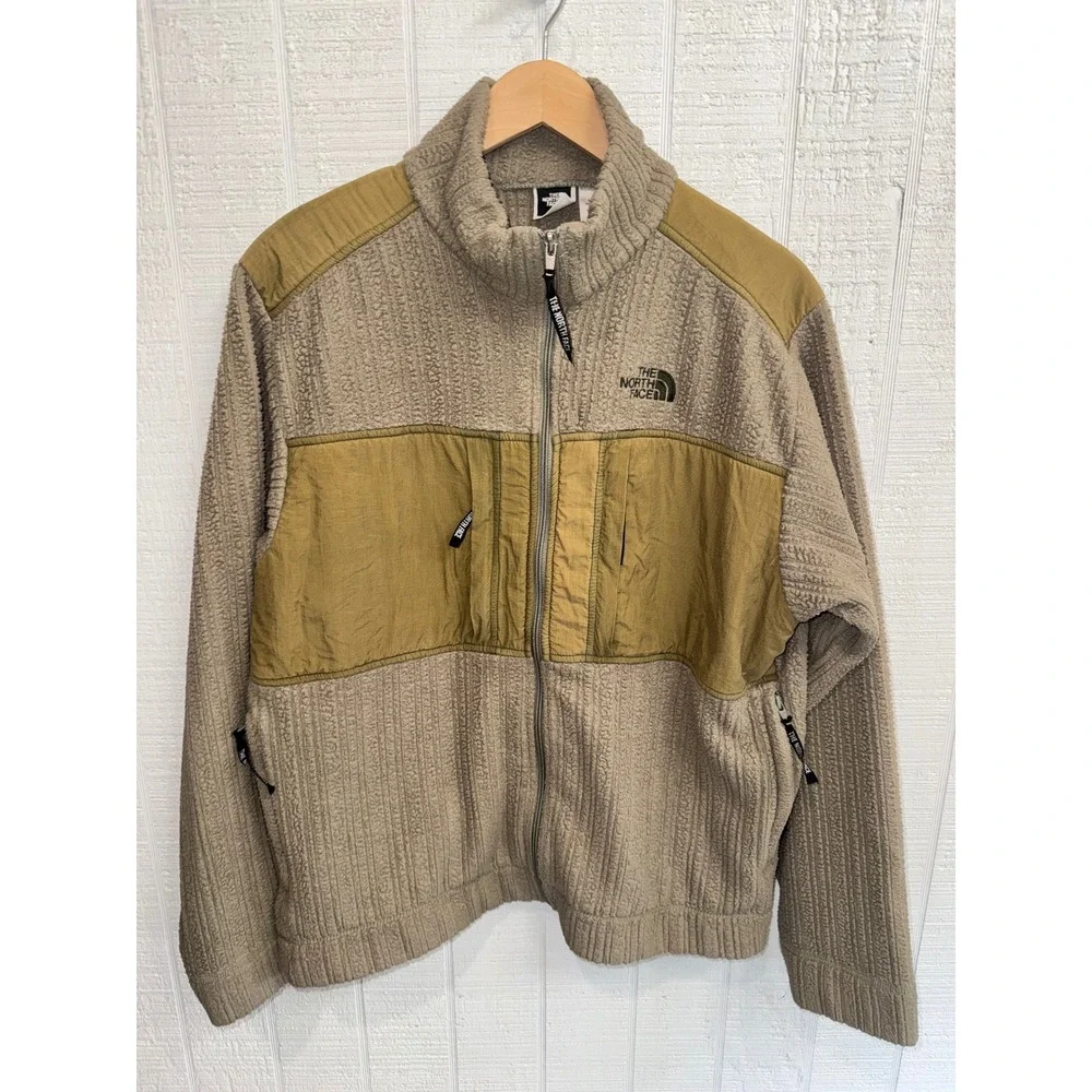 The North Face Fleece Jacket Mens Tan Olive Polartec Ribbed Full Zip Large